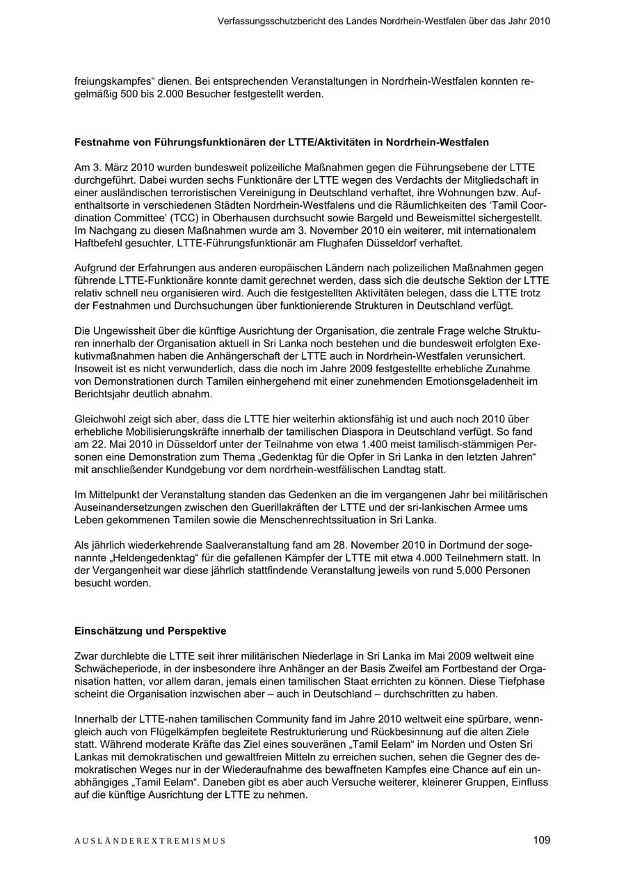 Seite 110 des Verfassungsschutzbericht 2010 Nordrhein-Westfalen