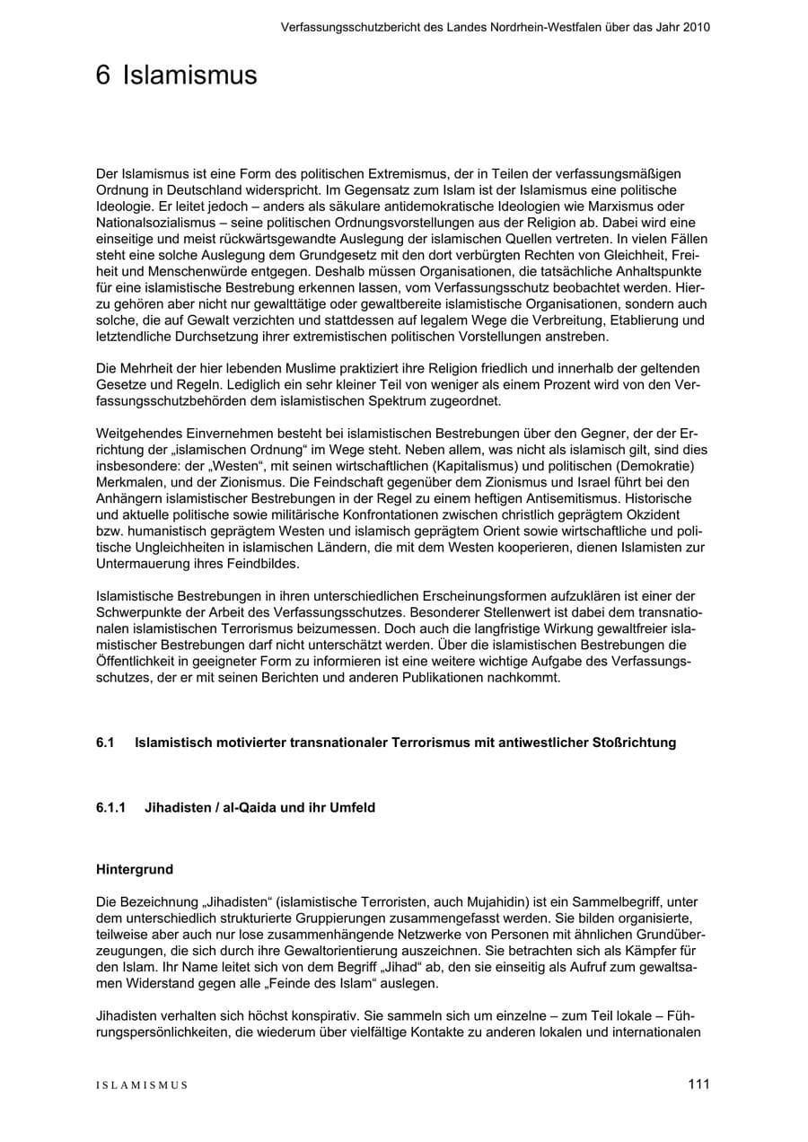 Seite 112 des Verfassungsschutzbericht 2010 Nordrhein-Westfalen