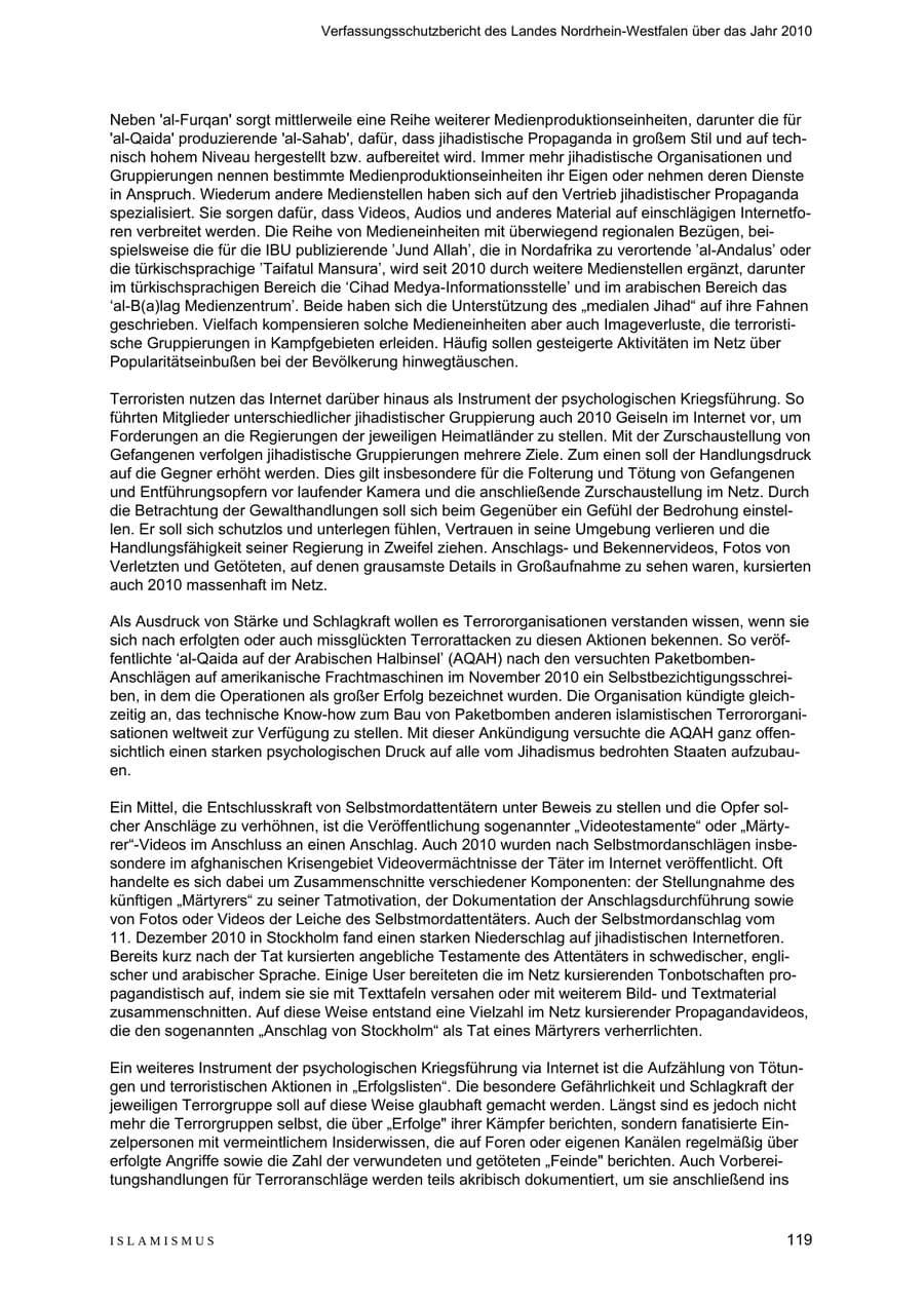Seite 120 des Verfassungsschutzbericht 2010 Nordrhein-Westfalen