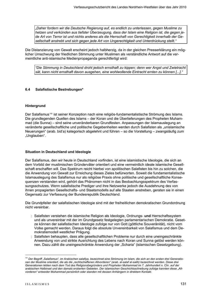 Seite 132 des Verfassungsschutzbericht 2010 Nordrhein-Westfalen