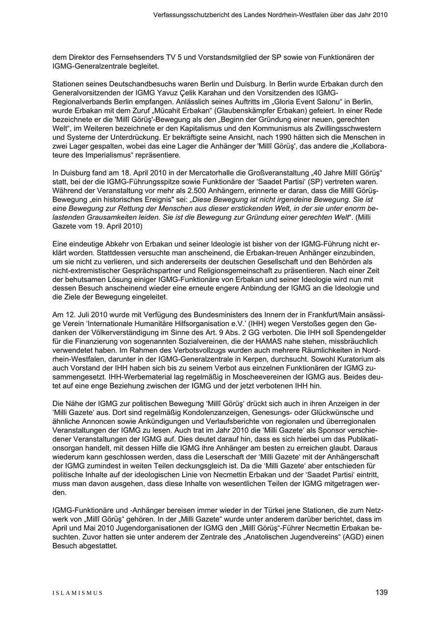 Seite 140 des Verfassungsschutzbericht 2010 Nordrhein-Westfalen