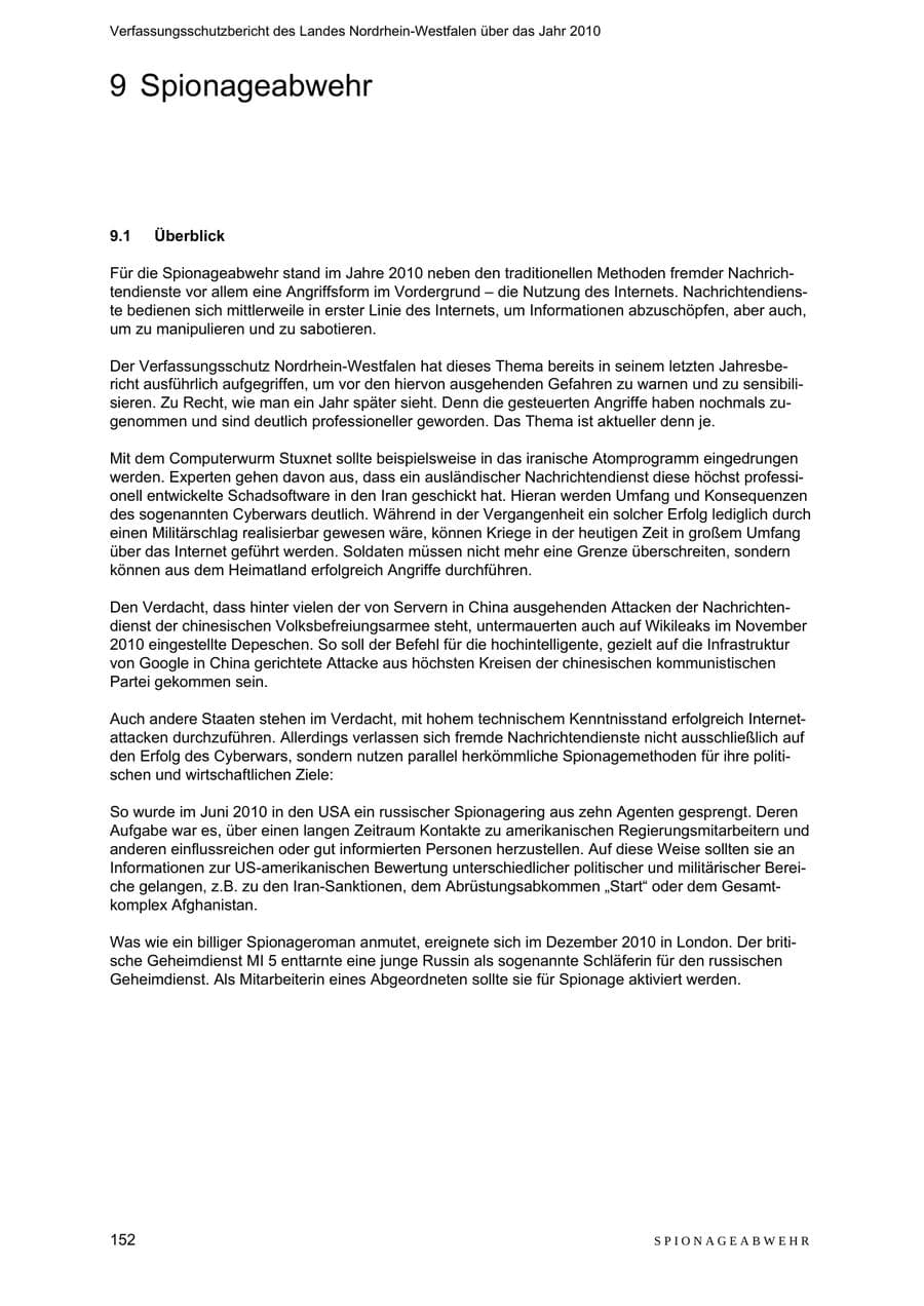 Seite 153 des Verfassungsschutzbericht 2010 Nordrhein-Westfalen