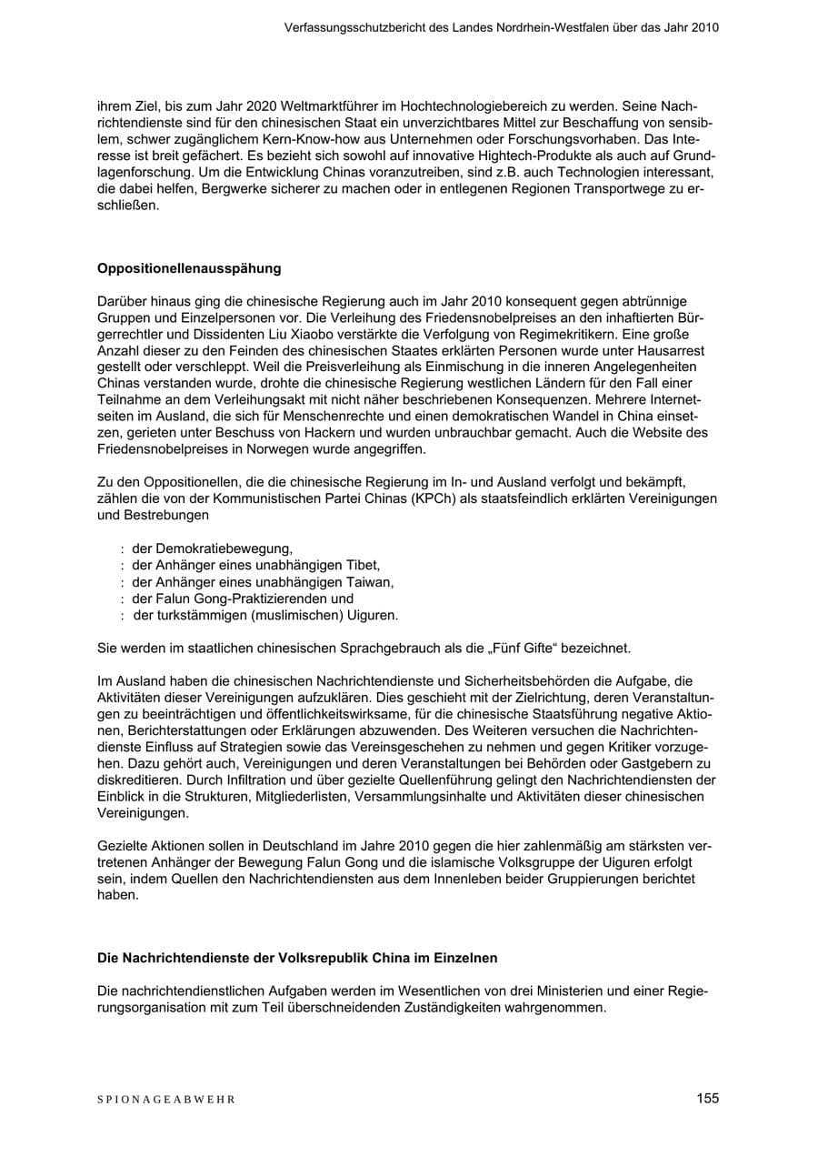 Seite 156 des Verfassungsschutzbericht 2010 Nordrhein-Westfalen