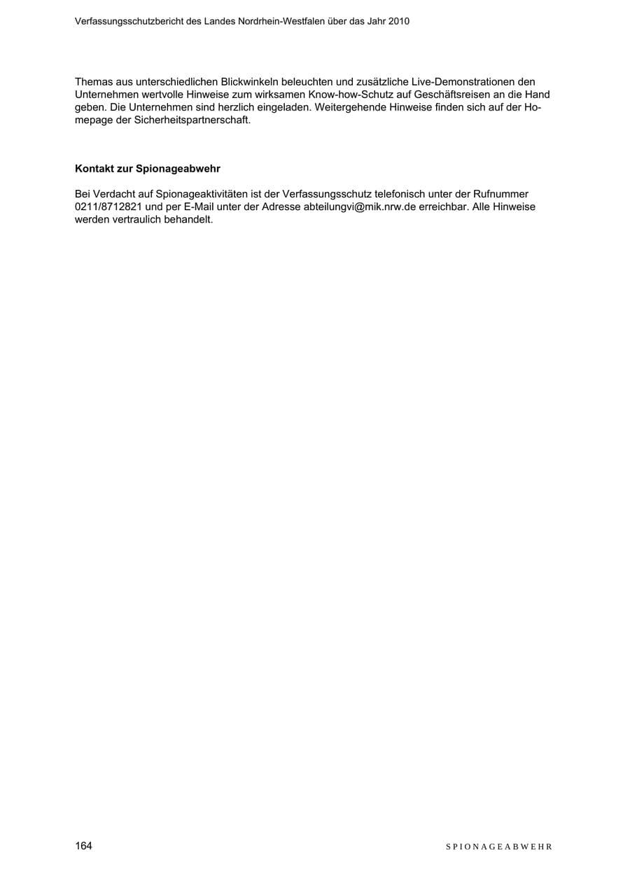 Seite 165 des Verfassungsschutzbericht 2010 Nordrhein-Westfalen