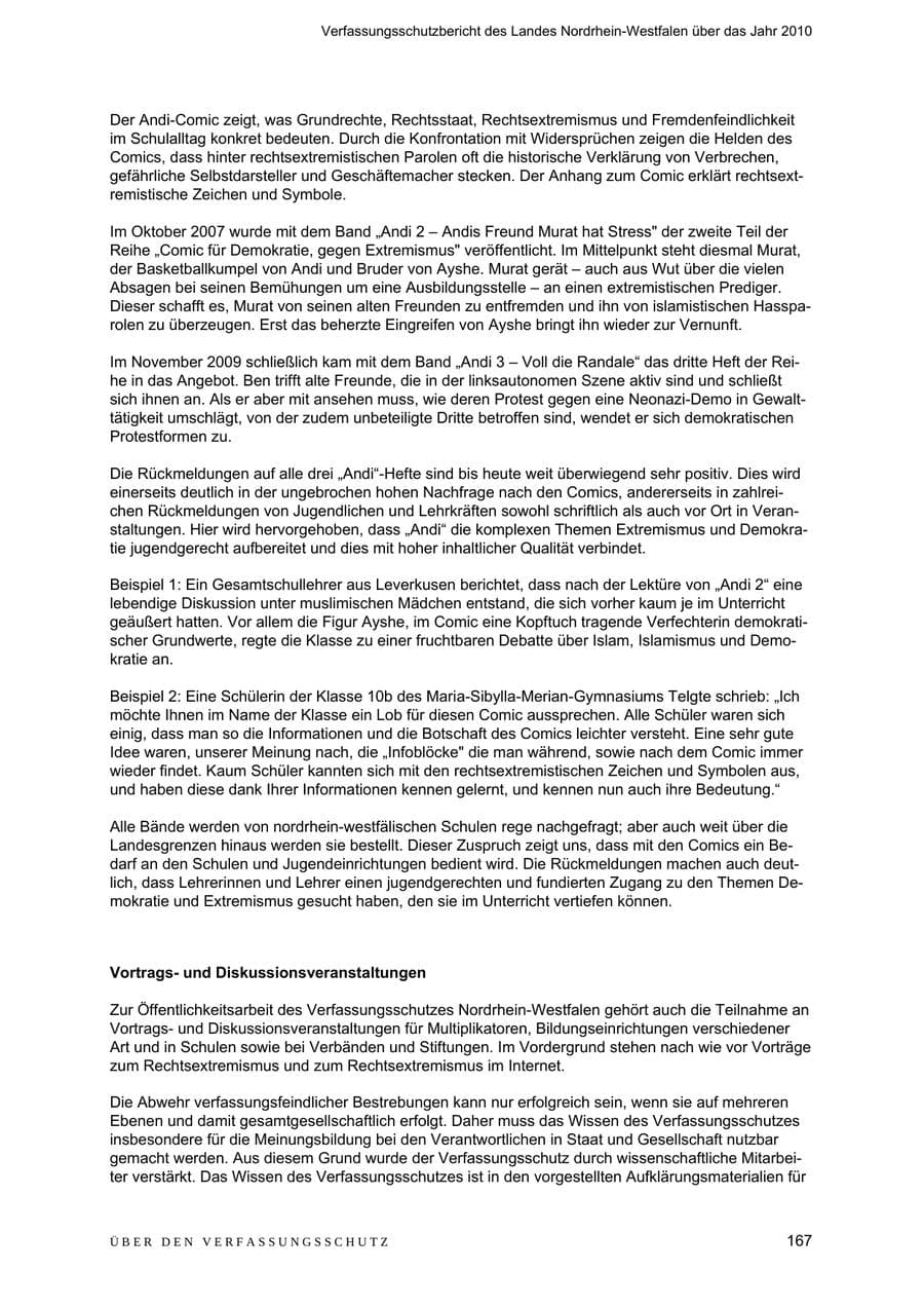 Seite 168 des Verfassungsschutzbericht 2010 Nordrhein-Westfalen
