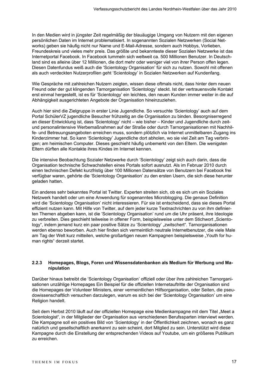 Seite 18 des Verfassungsschutzbericht 2010 Nordrhein-Westfalen