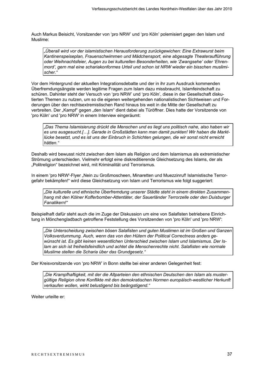 Seite 38 des Verfassungsschutzbericht 2010 Nordrhein-Westfalen