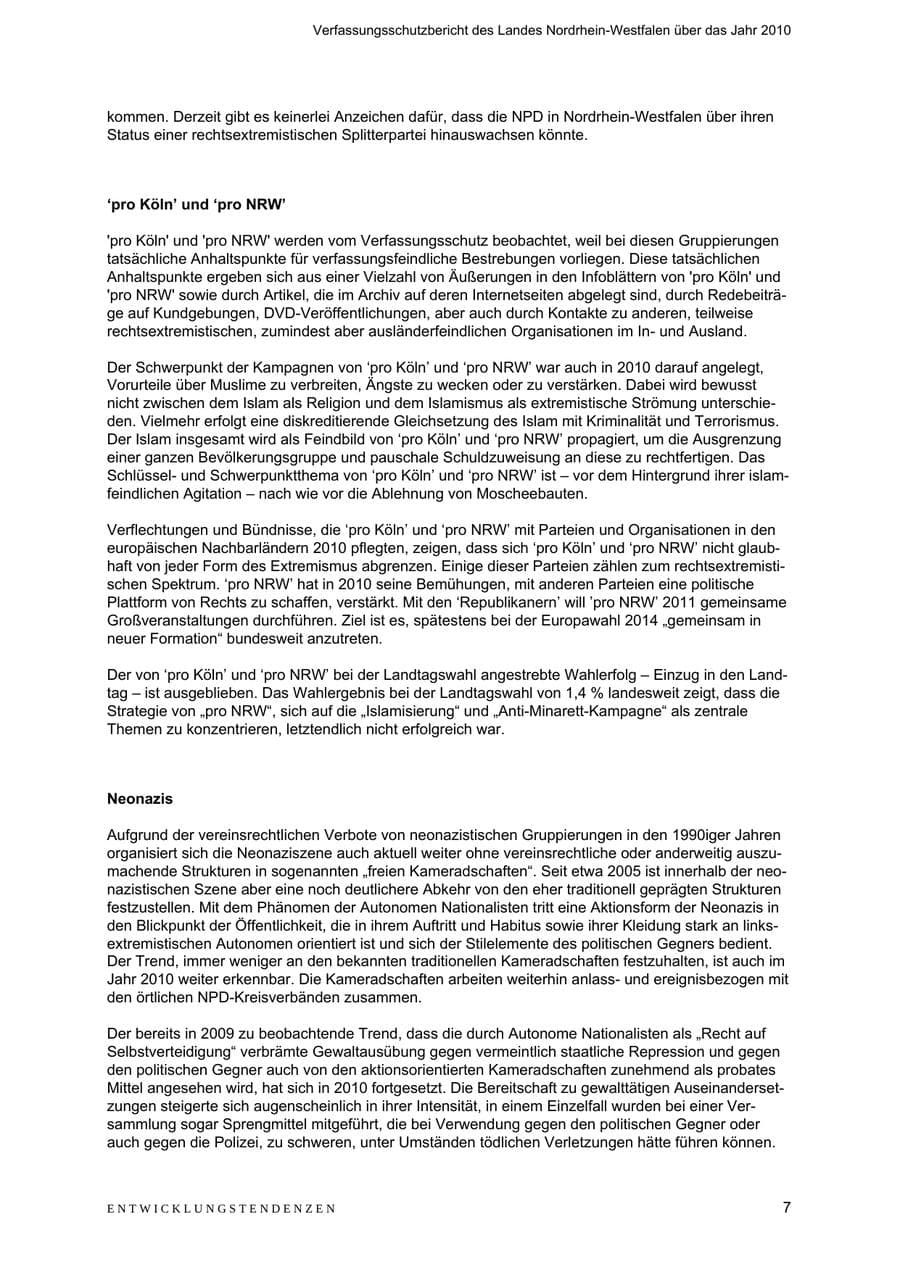 Seite 8 des Verfassungsschutzbericht 2010 Nordrhein-Westfalen