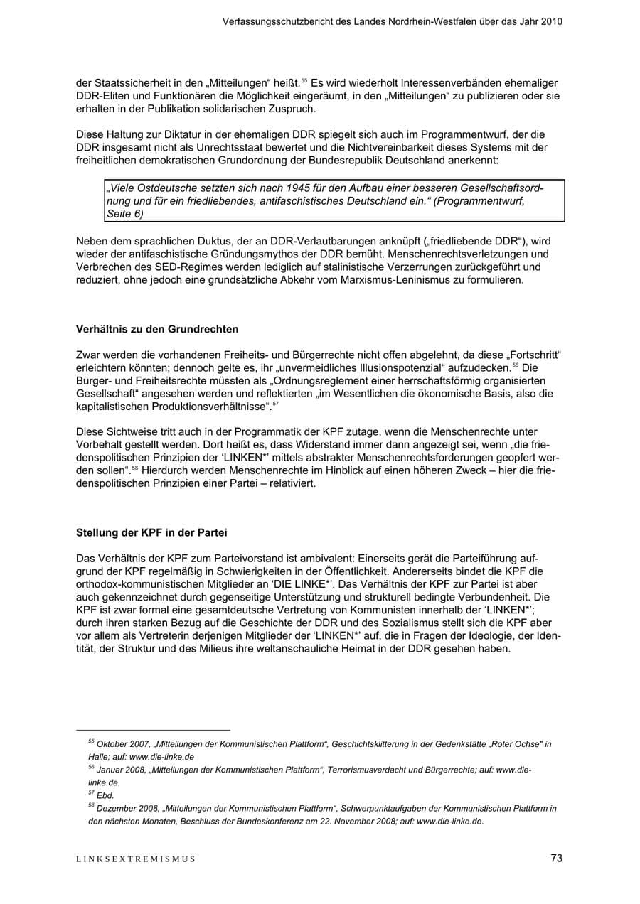 Seite 74 des Verfassungsschutzbericht 2010 Nordrhein-Westfalen