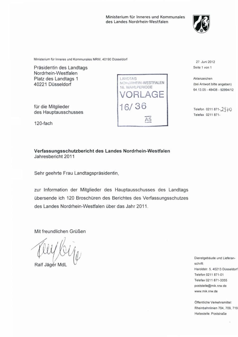 Seite 1 des Verfassungsschutzbericht 2011 Nordrhein-Westfalen