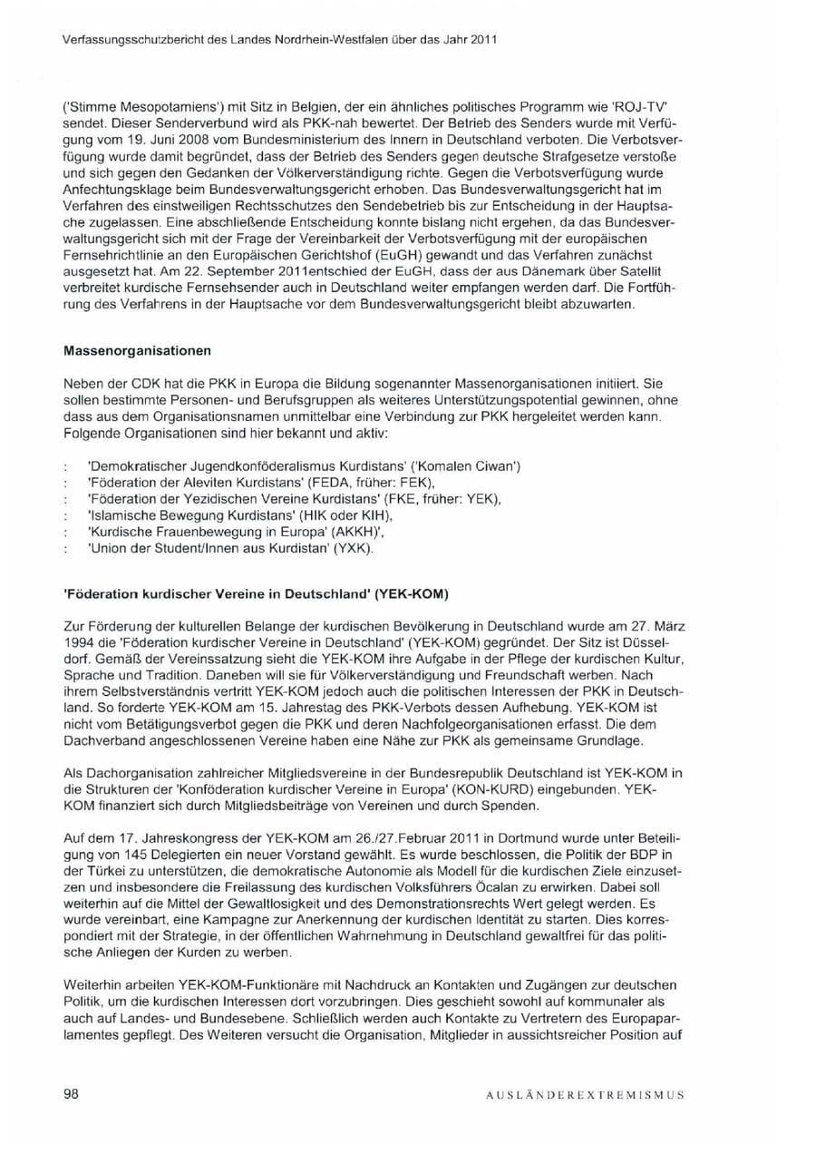 Seite 102 des Verfassungsschutzbericht 2011 Nordrhein-Westfalen