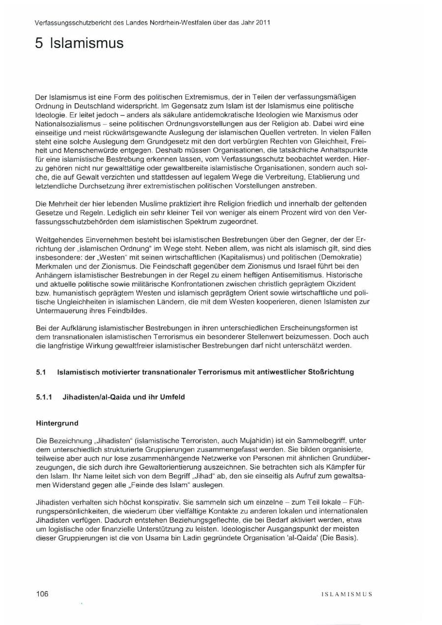 Seite 110 des Verfassungsschutzbericht 2011 Nordrhein-Westfalen
