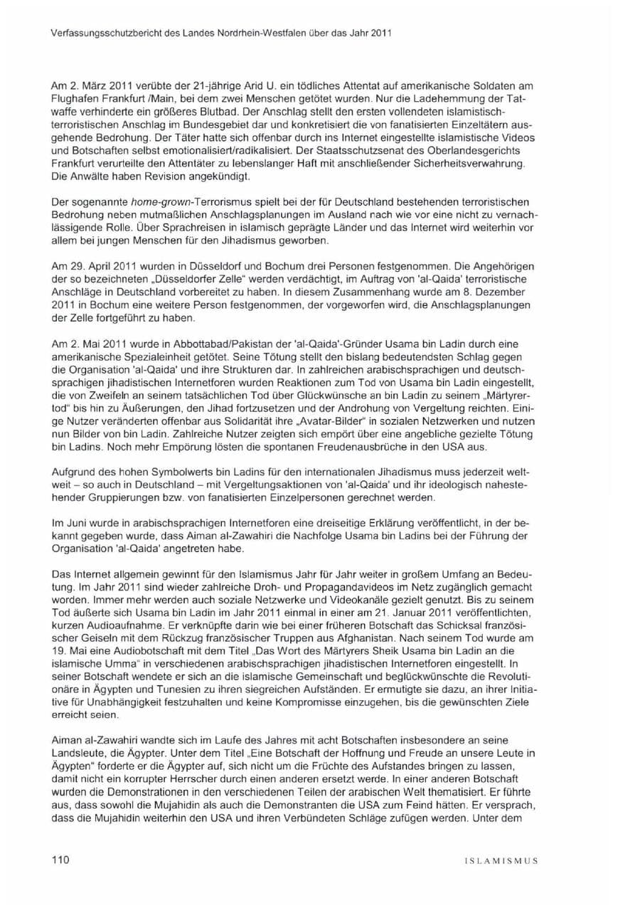 Seite 114 des Verfassungsschutzbericht 2011 Nordrhein-Westfalen