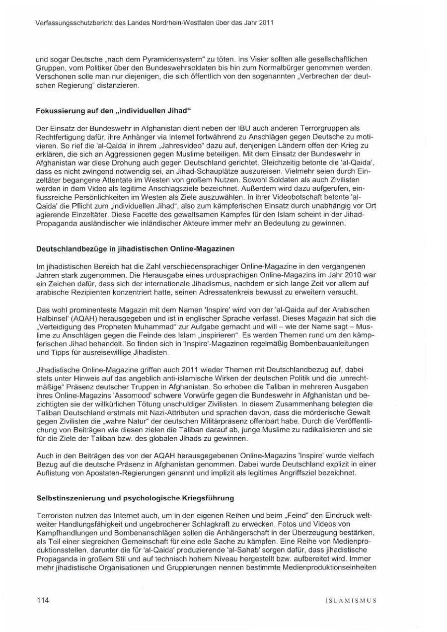 Seite 118 des Verfassungsschutzbericht 2011 Nordrhein-Westfalen