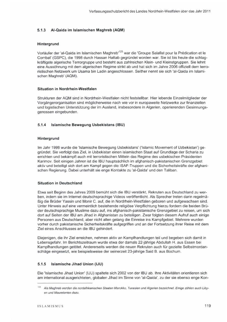Seite 123 des Verfassungsschutzbericht 2011 Nordrhein-Westfalen