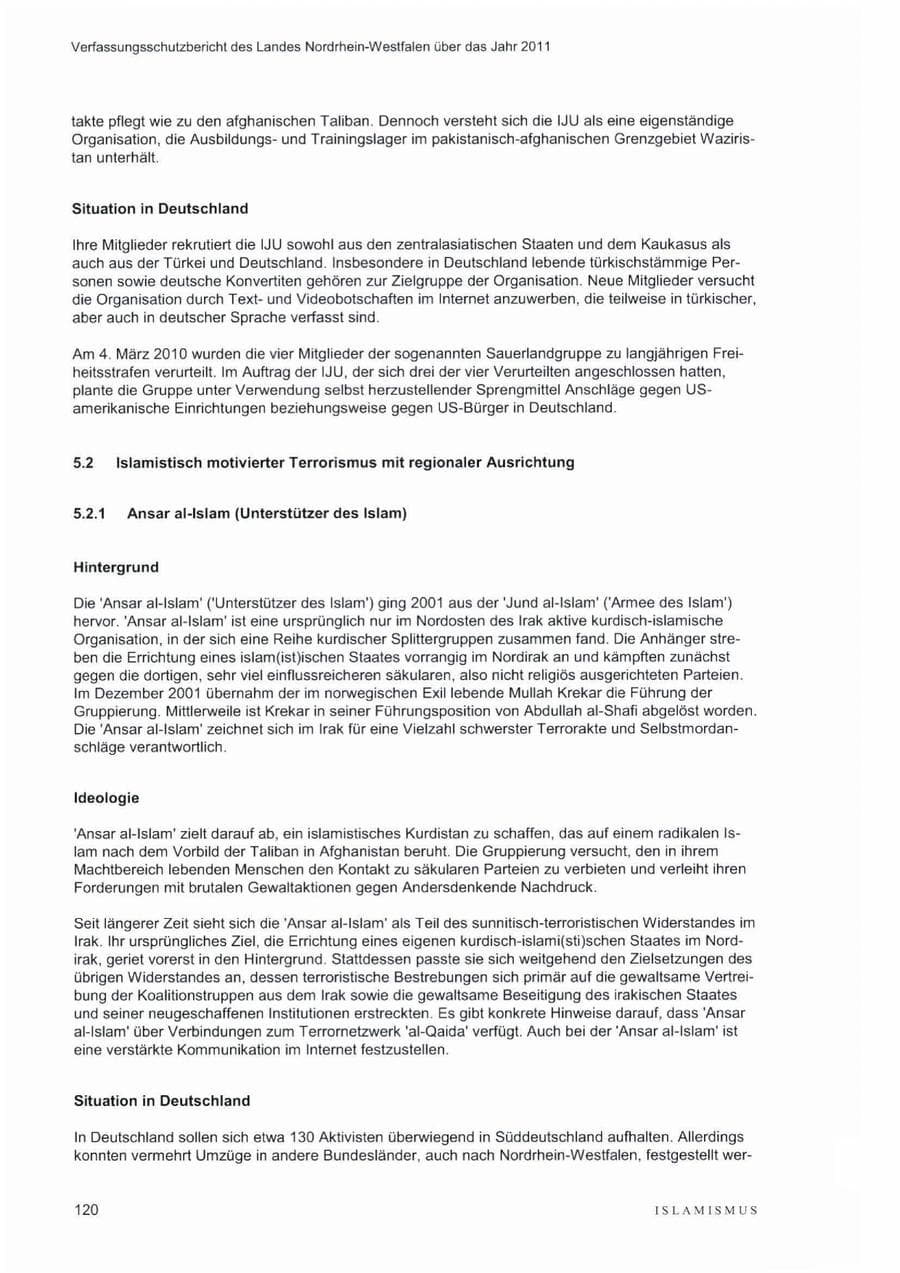 Seite 124 des Verfassungsschutzbericht 2011 Nordrhein-Westfalen