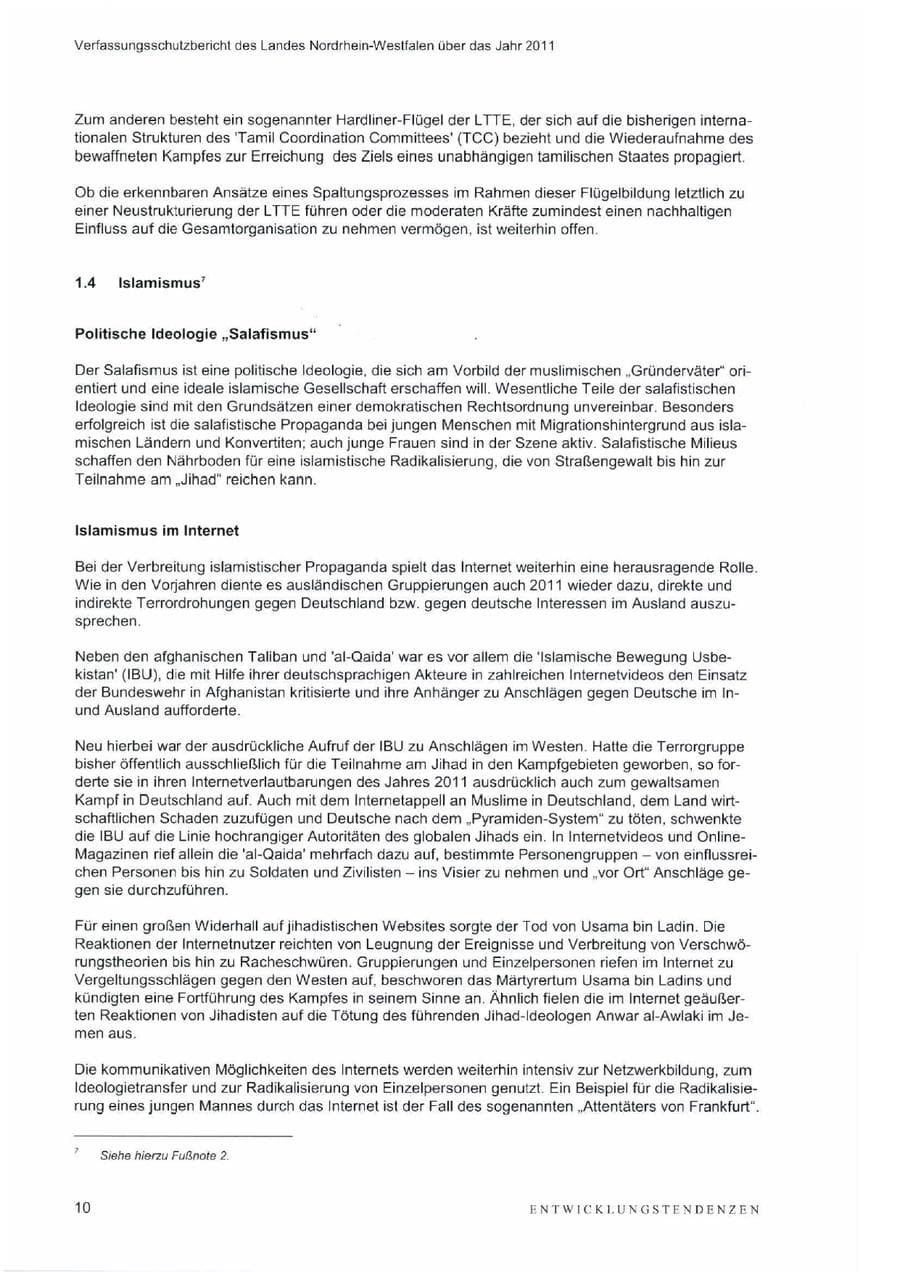 Seite 14 des Verfassungsschutzbericht 2011 Nordrhein-Westfalen