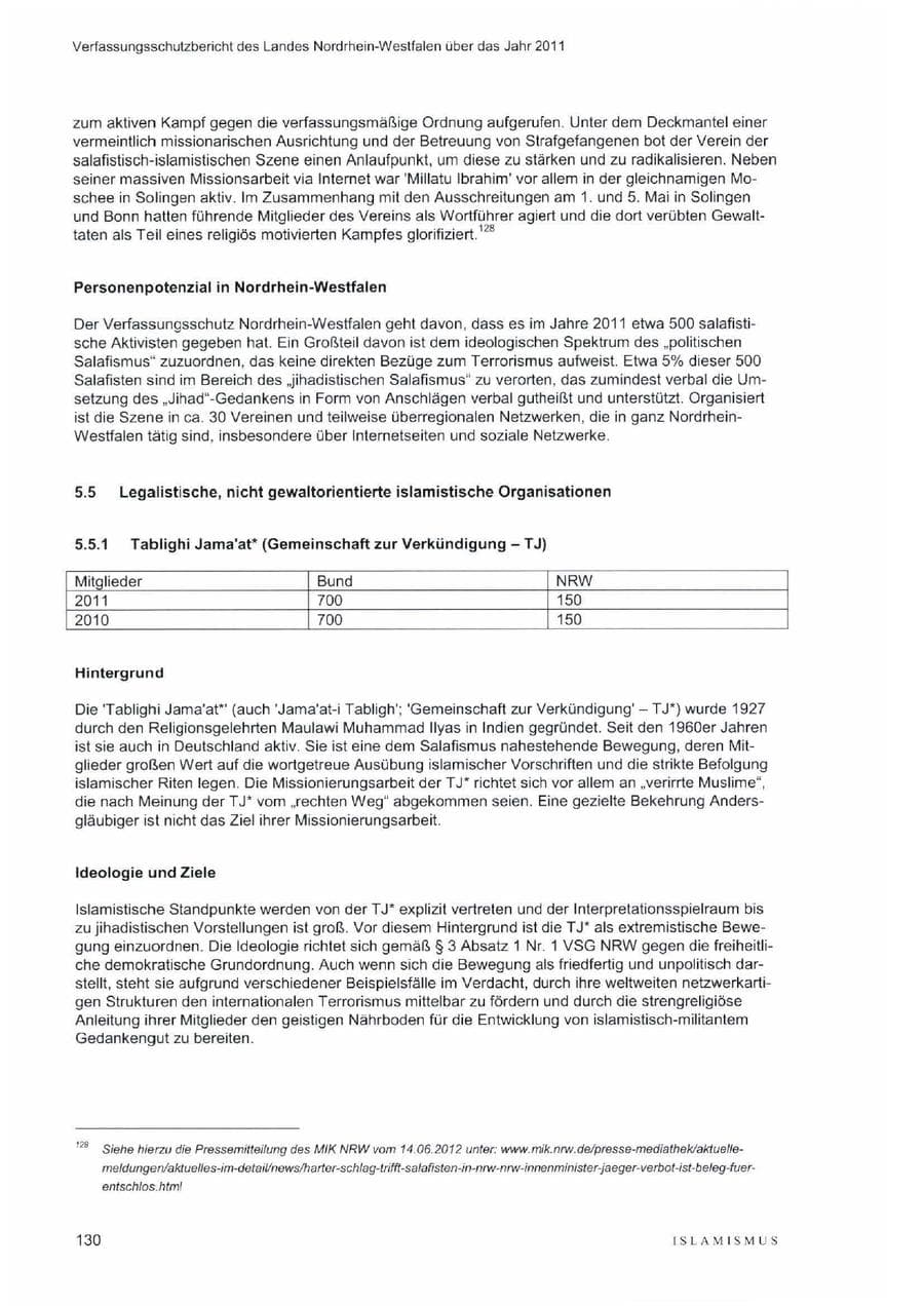 Seite 134 des Verfassungsschutzbericht 2011 Nordrhein-Westfalen