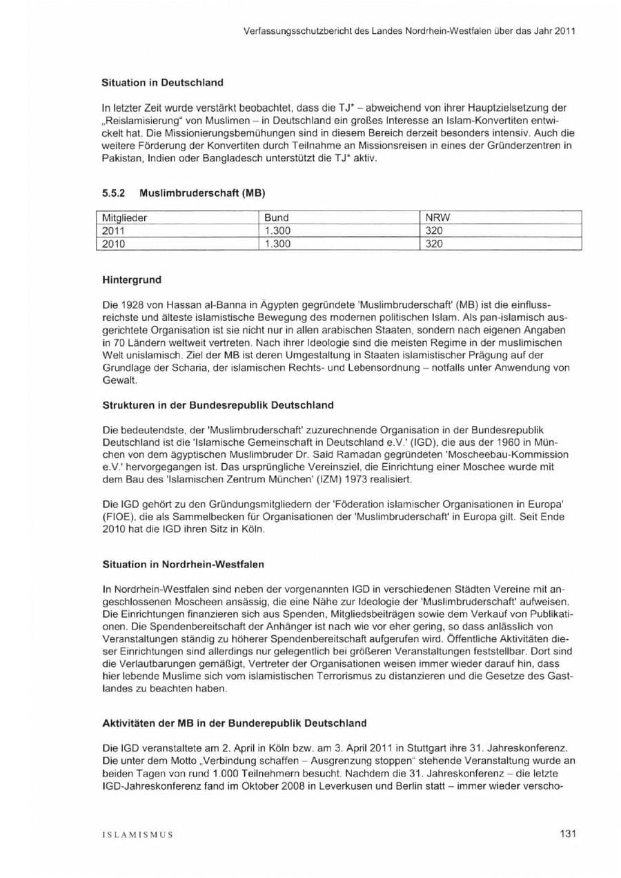 Seite 135 des Verfassungsschutzbericht 2011 Nordrhein-Westfalen