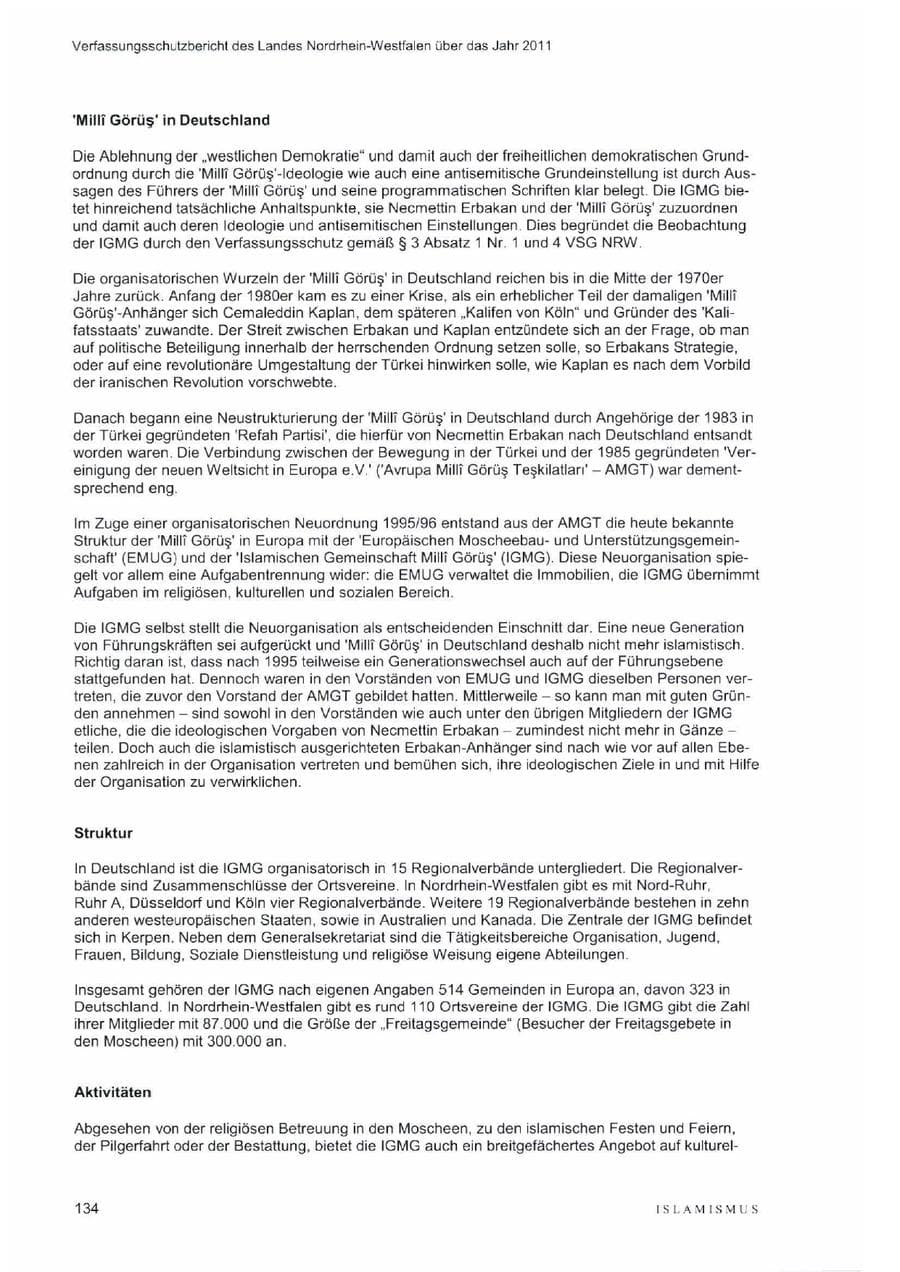 Seite 138 des Verfassungsschutzbericht 2011 Nordrhein-Westfalen