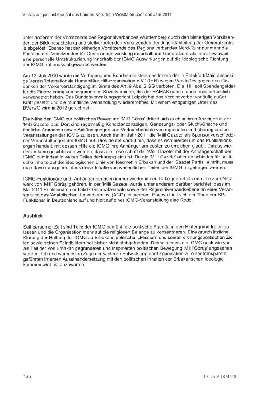 Seite 140 des Verfassungsschutzbericht 2011 Nordrhein-Westfalen