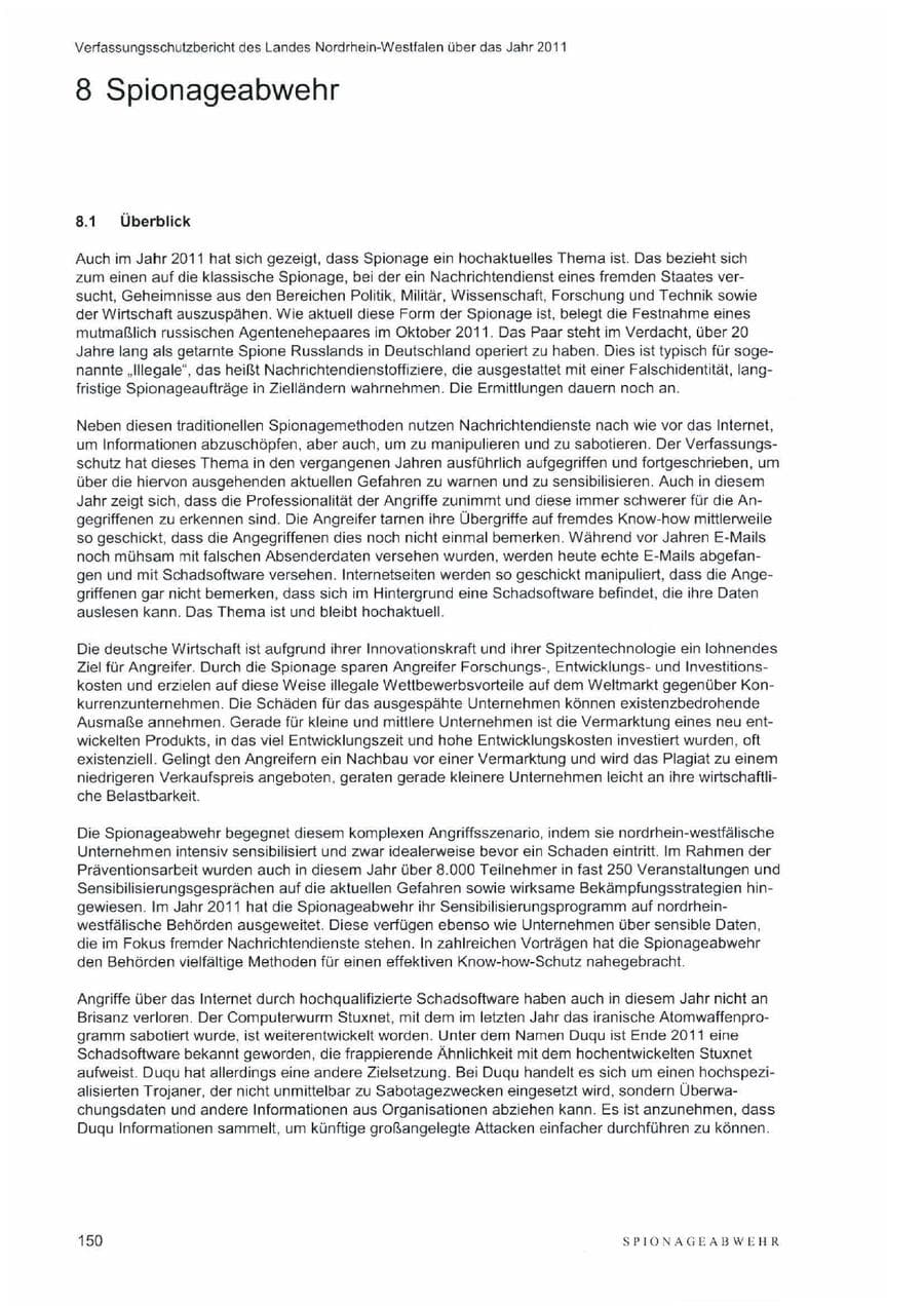 Seite 154 des Verfassungsschutzbericht 2011 Nordrhein-Westfalen