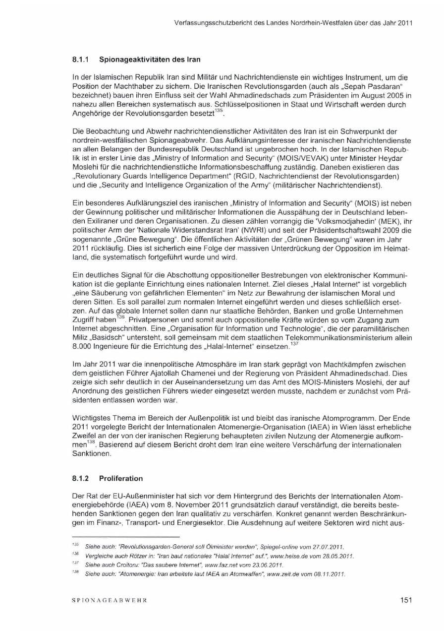 Seite 155 des Verfassungsschutzbericht 2011 Nordrhein-Westfalen