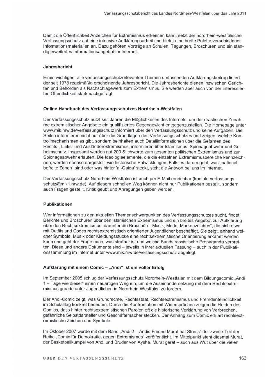 Seite 167 des Verfassungsschutzbericht 2011 Nordrhein-Westfalen