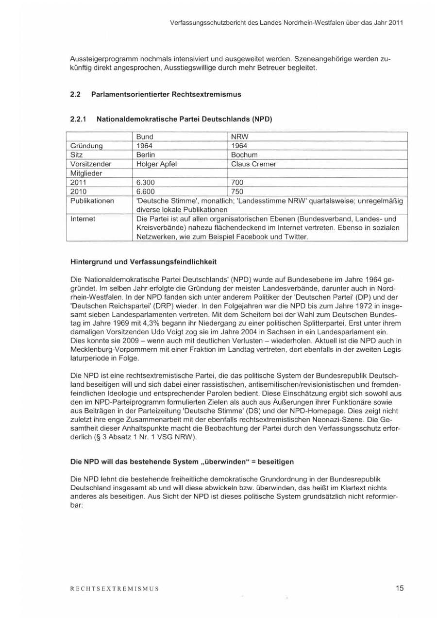 Seite 19 des Verfassungsschutzbericht 2011 Nordrhein-Westfalen