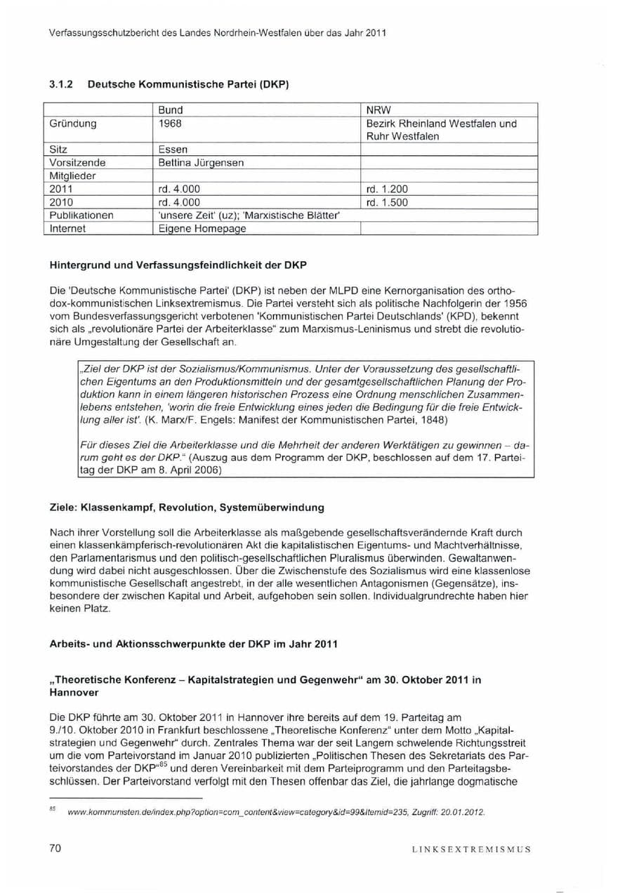 Seite 74 des Verfassungsschutzbericht 2011 Nordrhein-Westfalen