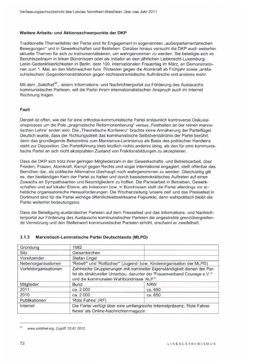Seite 76 des Verfassungsschutzbericht 2011 Nordrhein-Westfalen