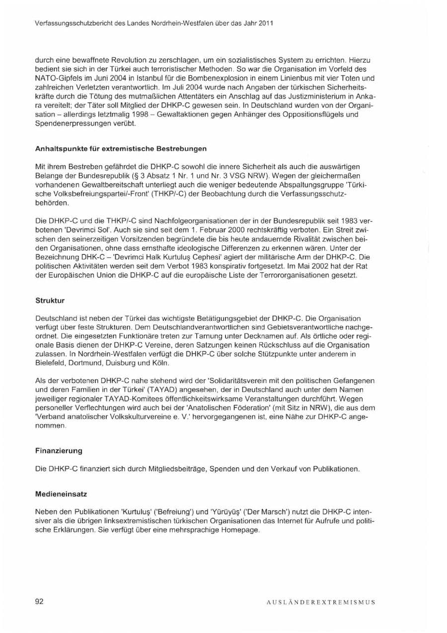 Seite 96 des Verfassungsschutzbericht 2011 Nordrhein-Westfalen