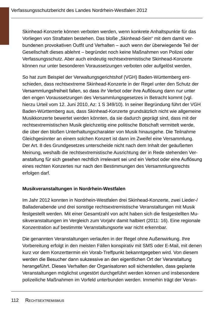 Seite 114 des Verfassungsschutzbericht 2012 Nordrhein-Westfalen