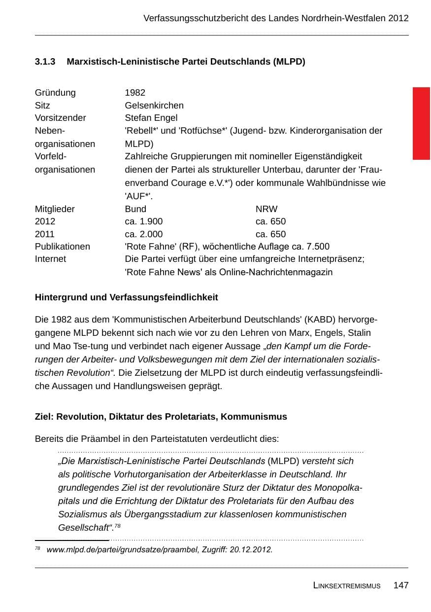 Seite 149 des Verfassungsschutzbericht 2012 Nordrhein-Westfalen