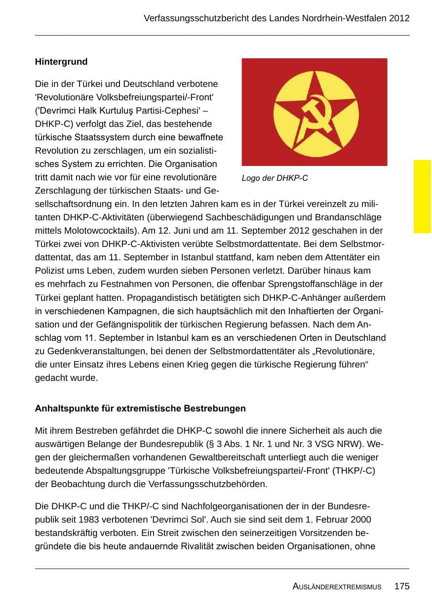 Seite 177 des Verfassungsschutzbericht 2012 Nordrhein-Westfalen