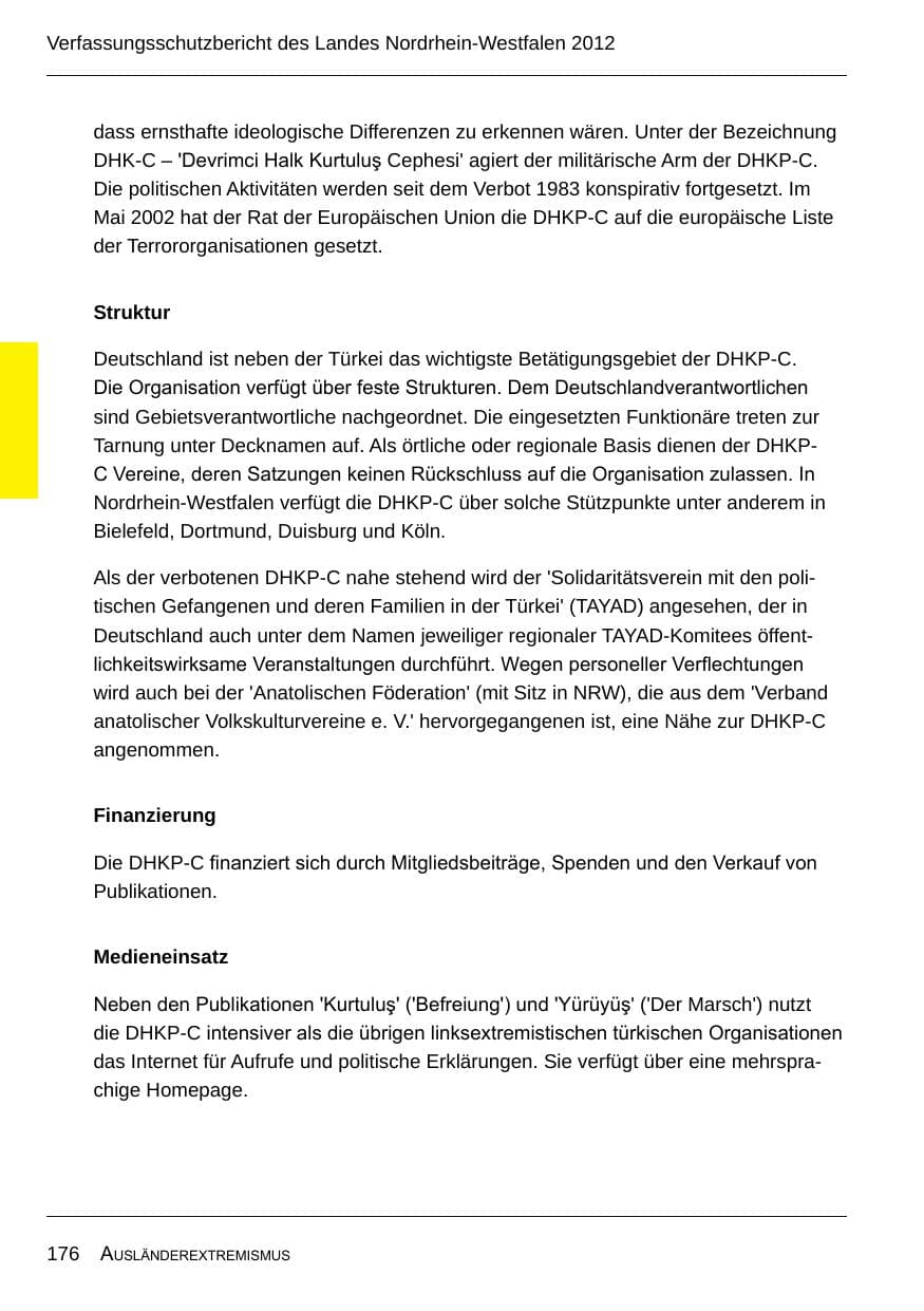 Seite 178 des Verfassungsschutzbericht 2012 Nordrhein-Westfalen