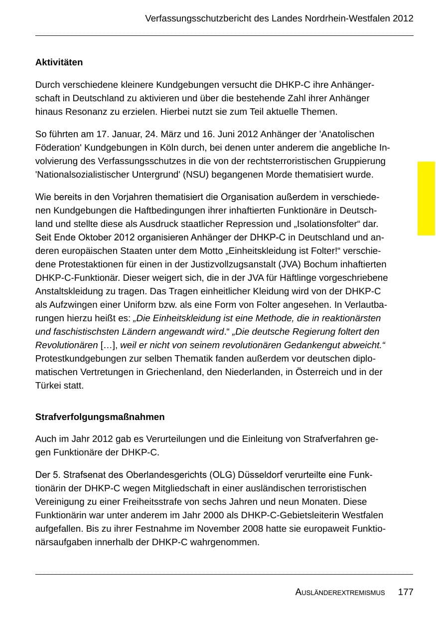Seite 179 des Verfassungsschutzbericht 2012 Nordrhein-Westfalen