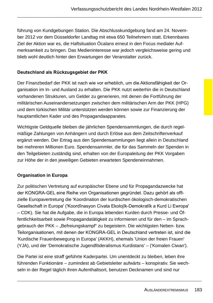 Seite 185 des Verfassungsschutzbericht 2012 Nordrhein-Westfalen