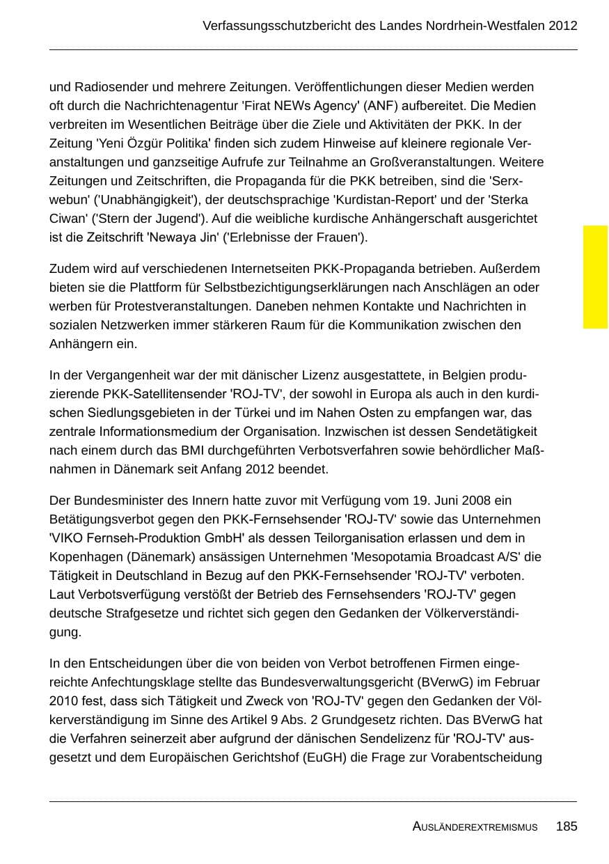 Seite 187 des Verfassungsschutzbericht 2012 Nordrhein-Westfalen