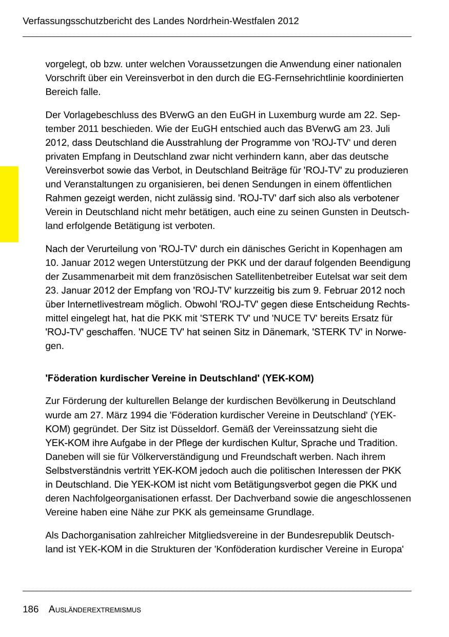 Seite 188 des Verfassungsschutzbericht 2012 Nordrhein-Westfalen