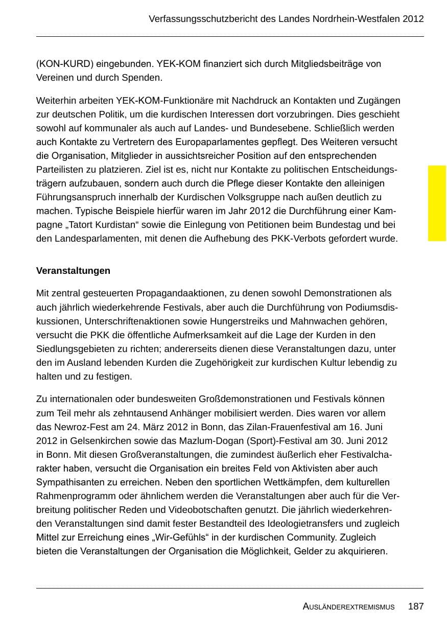 Seite 189 des Verfassungsschutzbericht 2012 Nordrhein-Westfalen