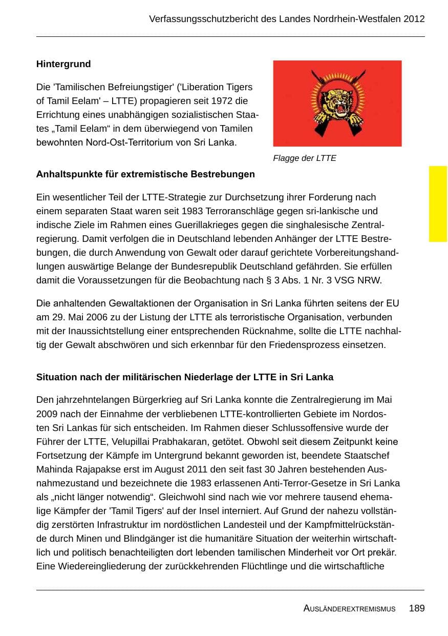 Seite 191 des Verfassungsschutzbericht 2012 Nordrhein-Westfalen