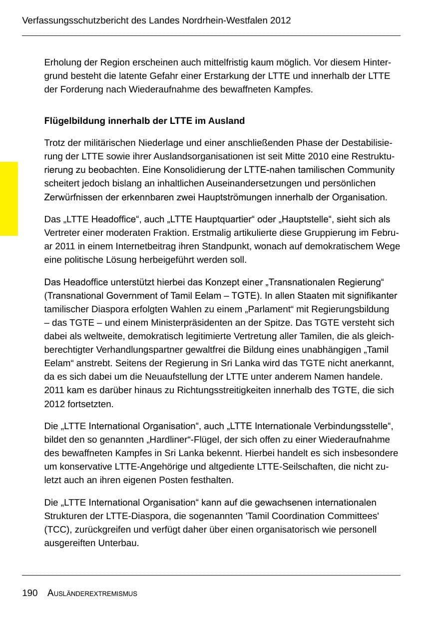 Seite 192 des Verfassungsschutzbericht 2012 Nordrhein-Westfalen