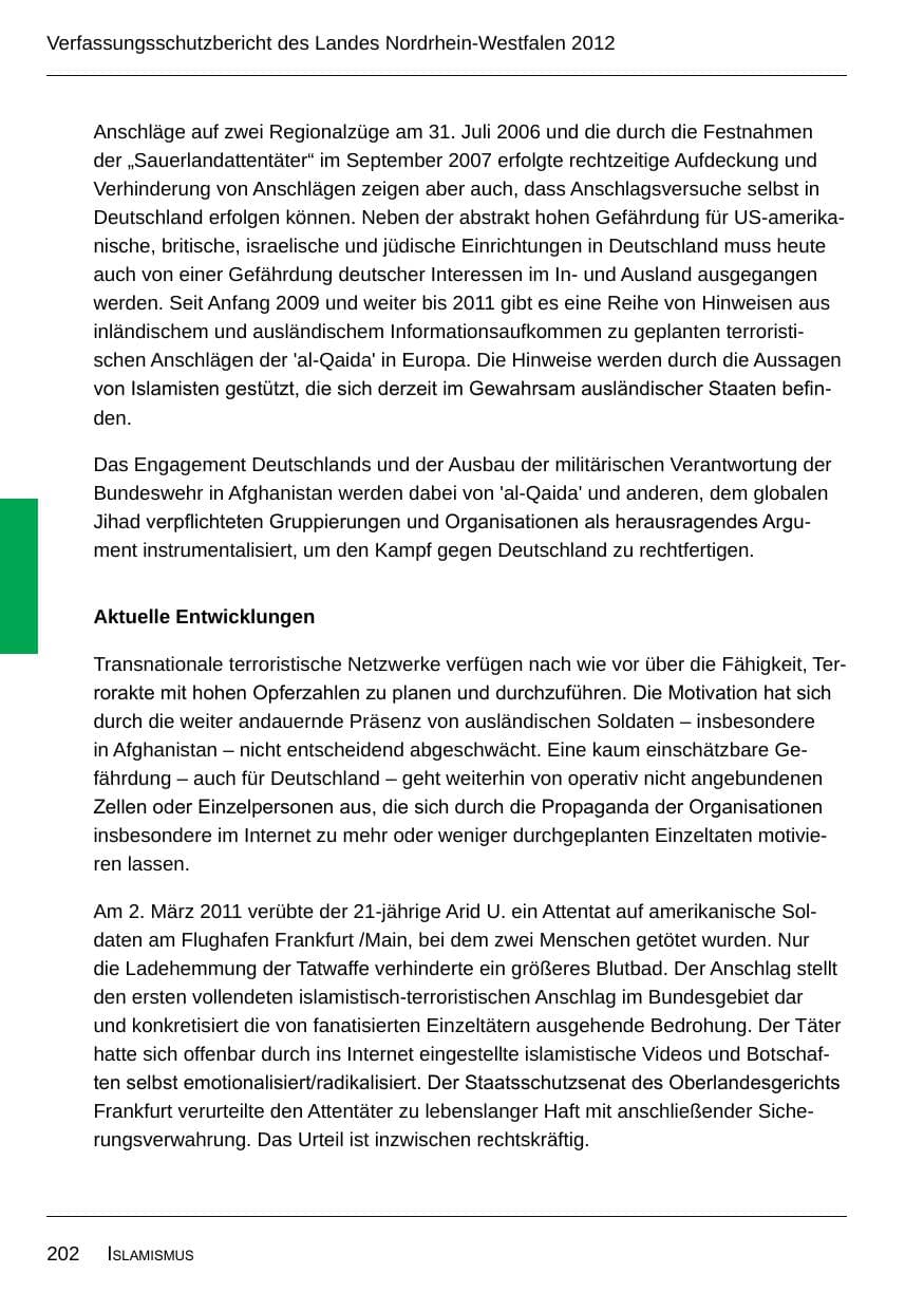 Seite 204 des Verfassungsschutzbericht 2012 Nordrhein-Westfalen