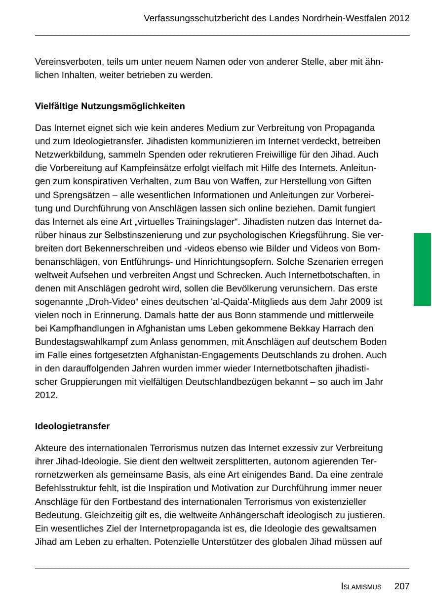 Seite 209 des Verfassungsschutzbericht 2012 Nordrhein-Westfalen