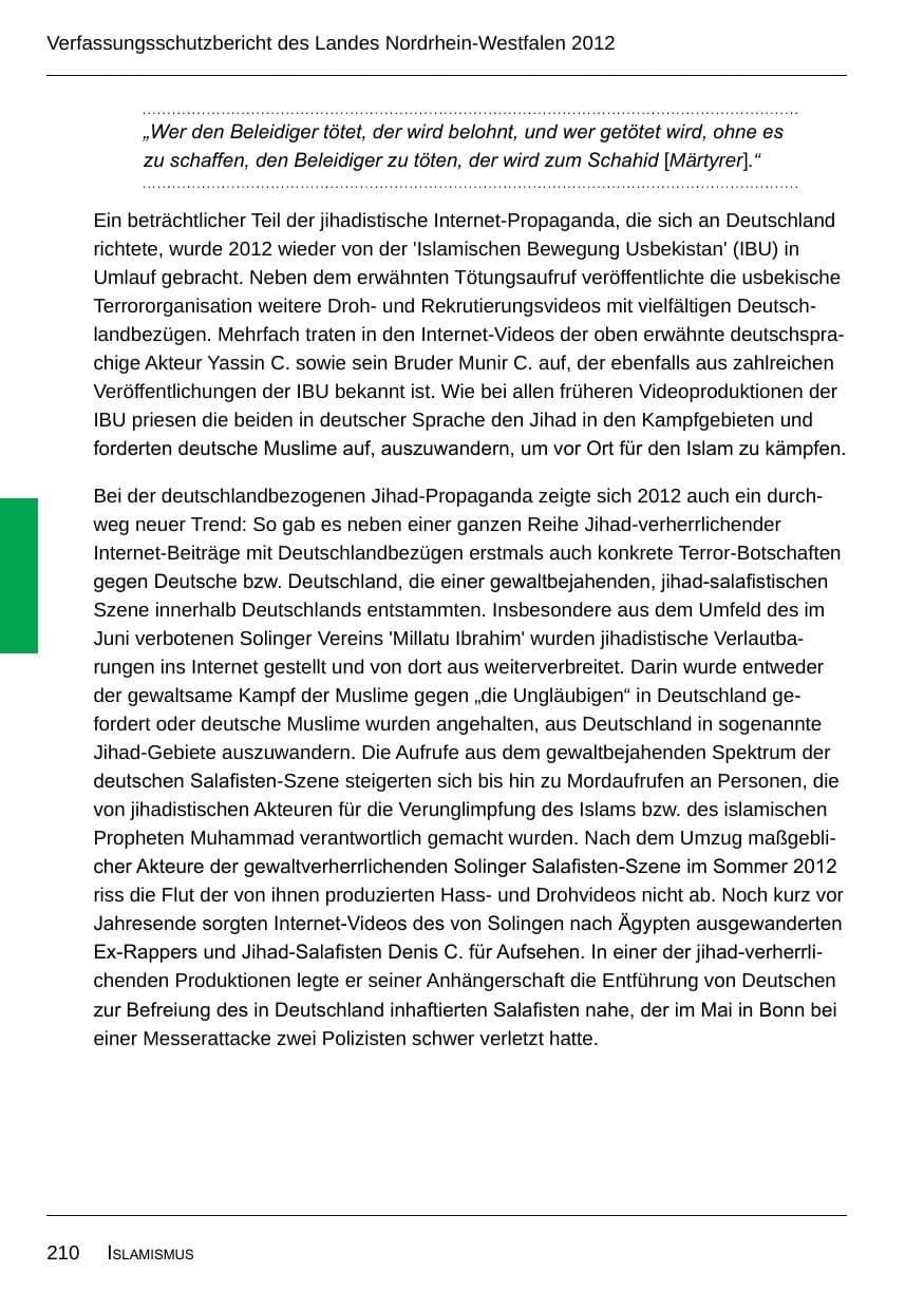 Seite 212 des Verfassungsschutzbericht 2012 Nordrhein-Westfalen