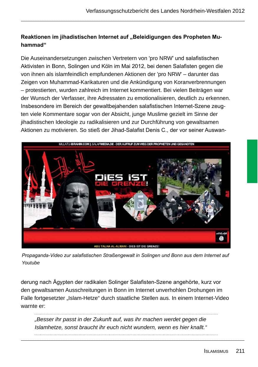 Seite 213 des Verfassungsschutzbericht 2012 Nordrhein-Westfalen