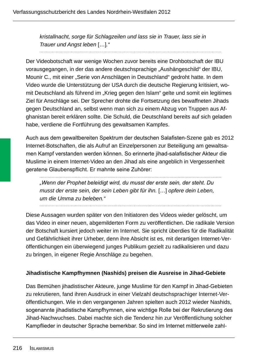 Seite 218 des Verfassungsschutzbericht 2012 Nordrhein-Westfalen