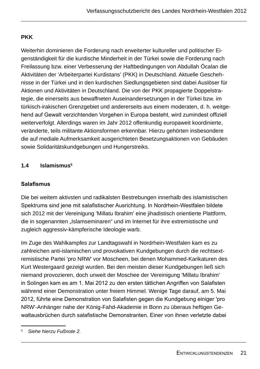 Seite 23 des Verfassungsschutzbericht 2012 Nordrhein-Westfalen