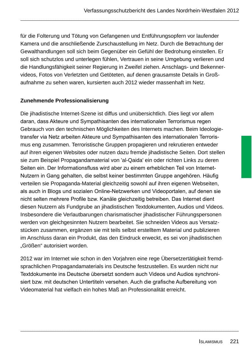 Seite 223 des Verfassungsschutzbericht 2012 Nordrhein-Westfalen